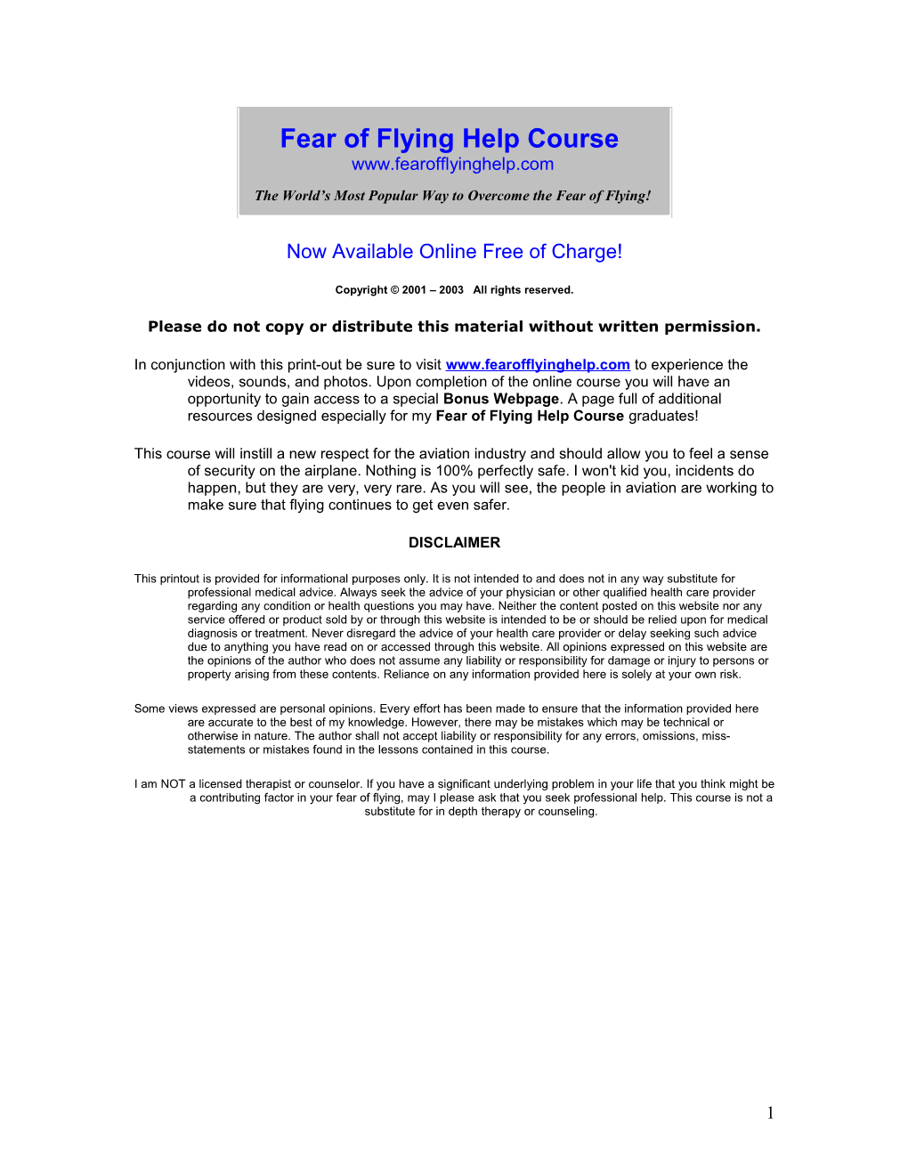 Fear of Flying Help Course