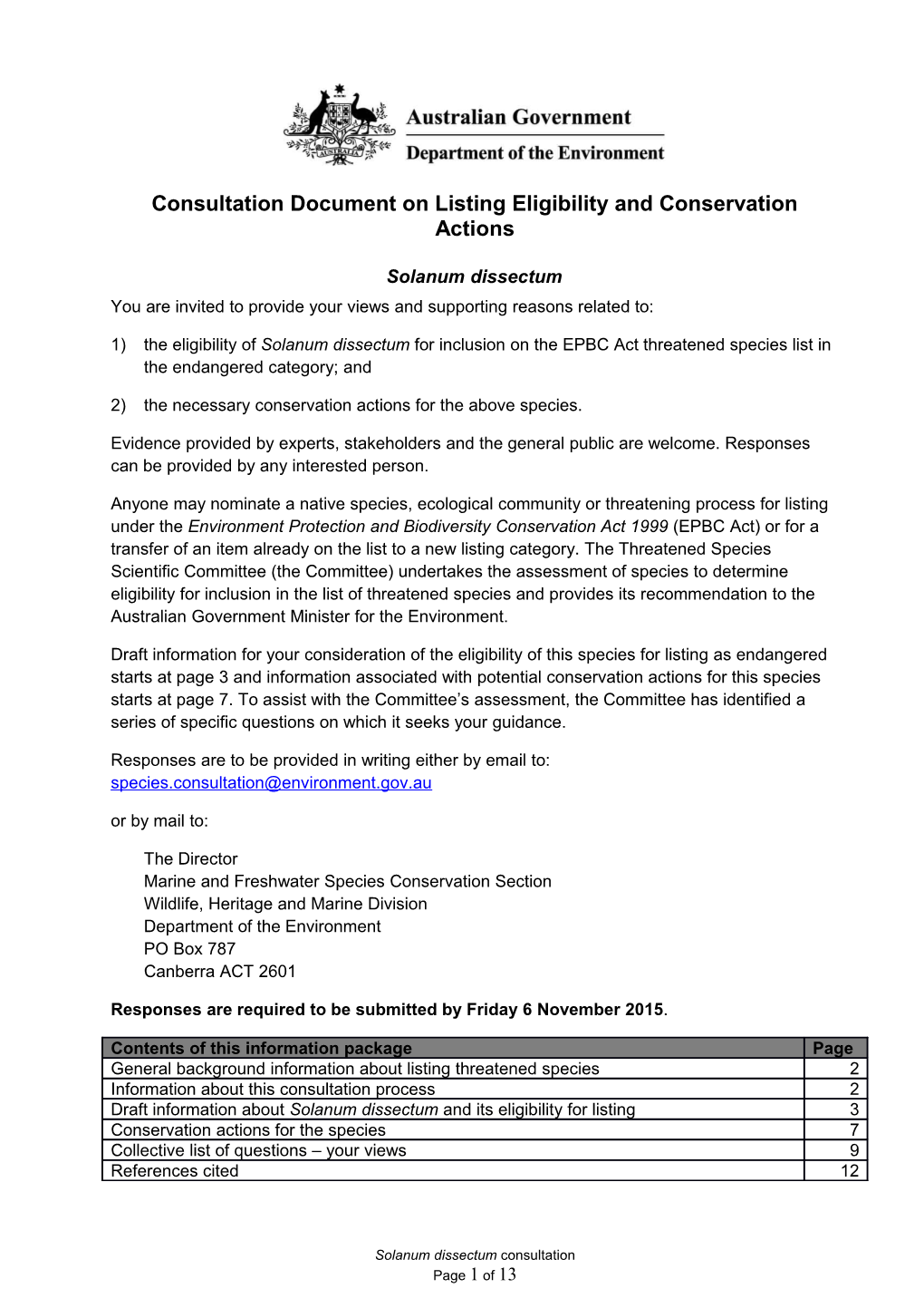Consultation Document on Listing Eligibility and Conservation Actions Solanum Dissectum