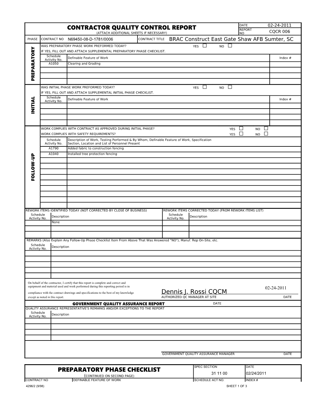 Contractor Quality Control Report