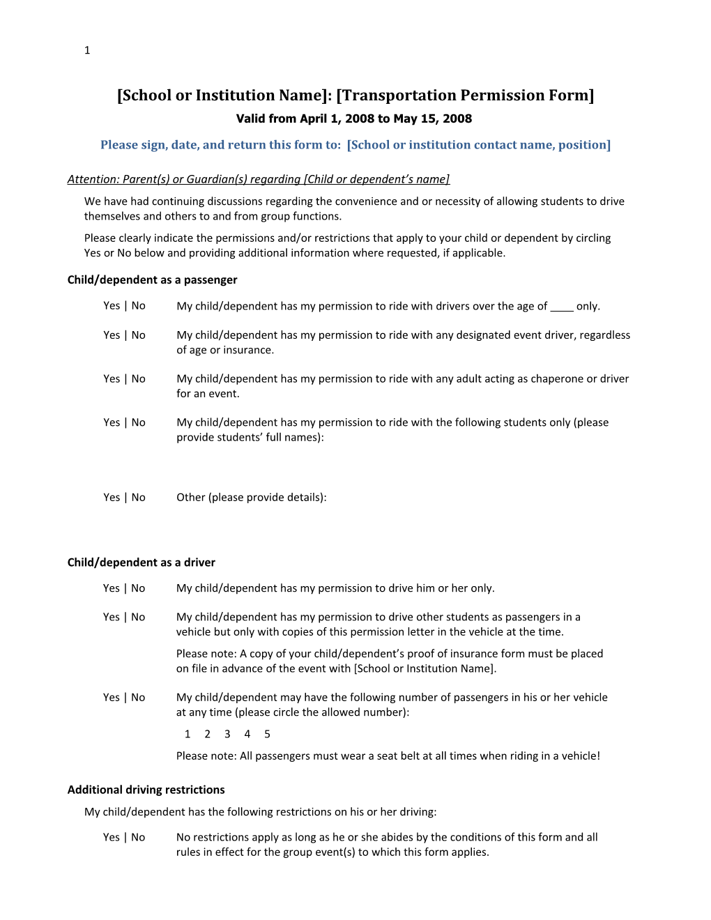 Travel Permission Form for Students