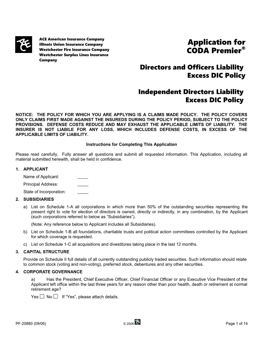 CODA Premier D&O Liability Excess DIC Application