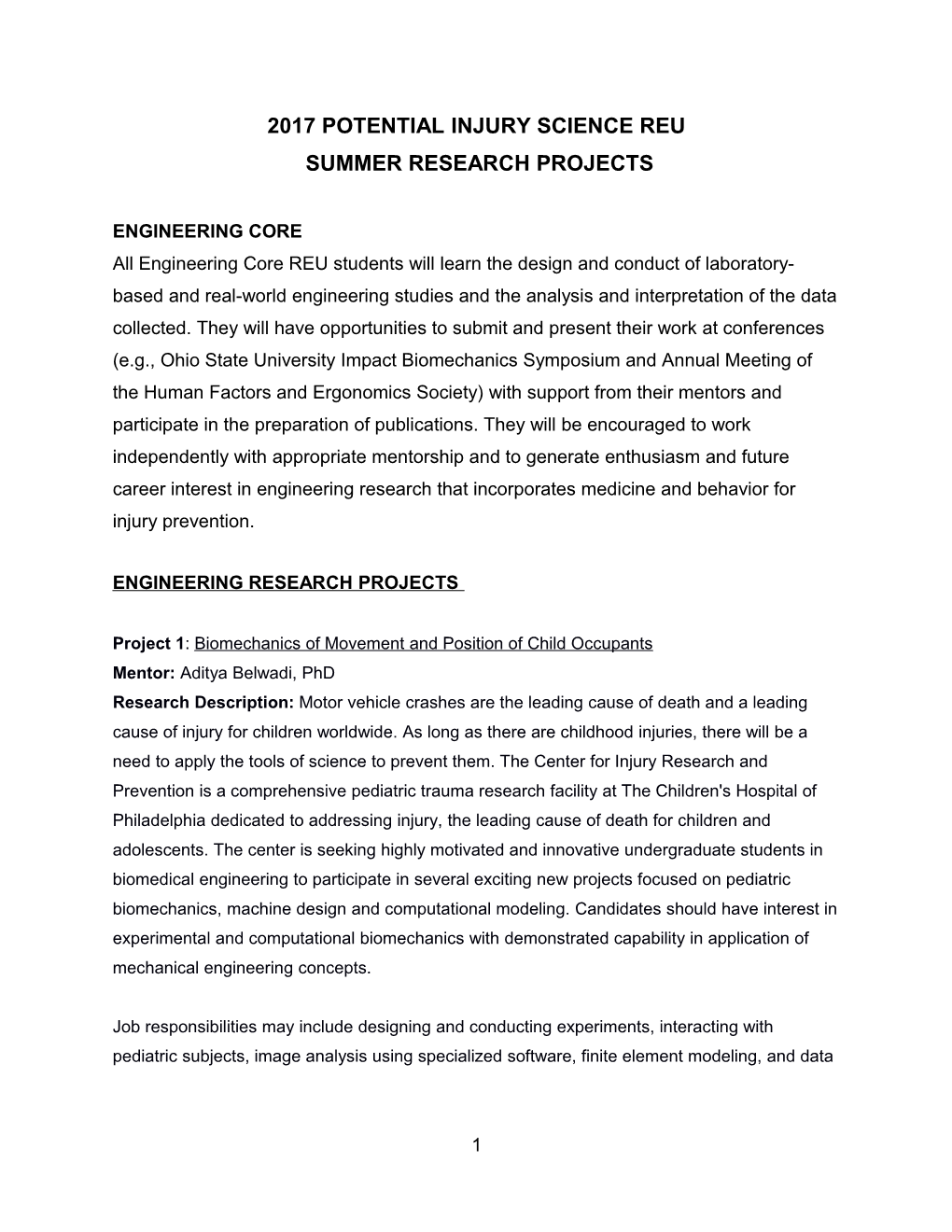 2017 Potential Injury Science Reu Summer Research Projects