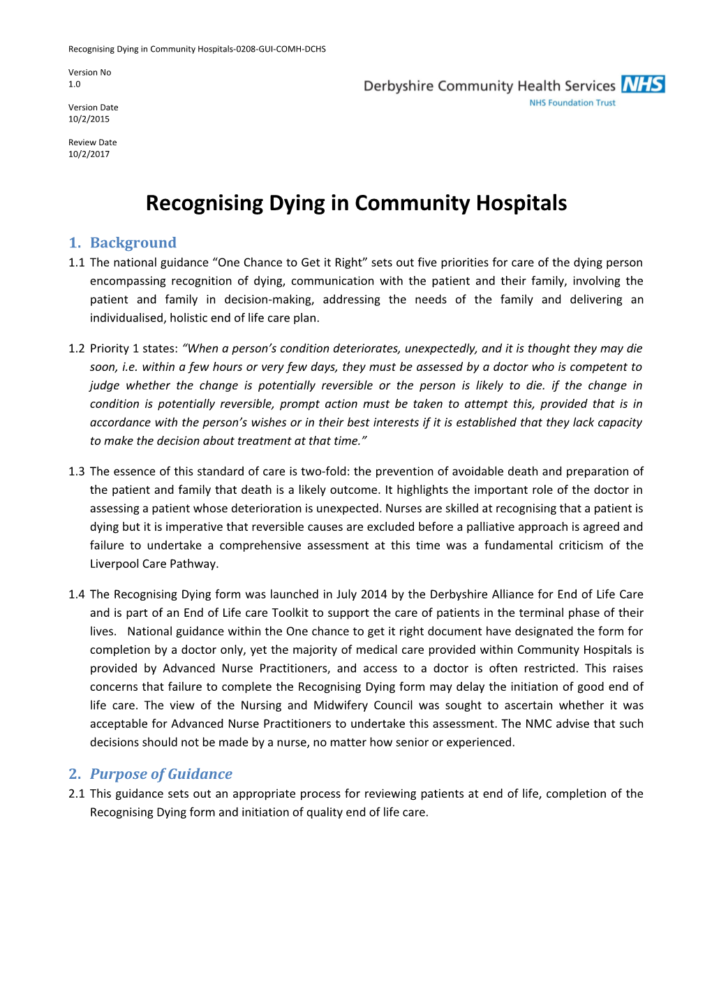 Recognising Dying in Community Hospitals