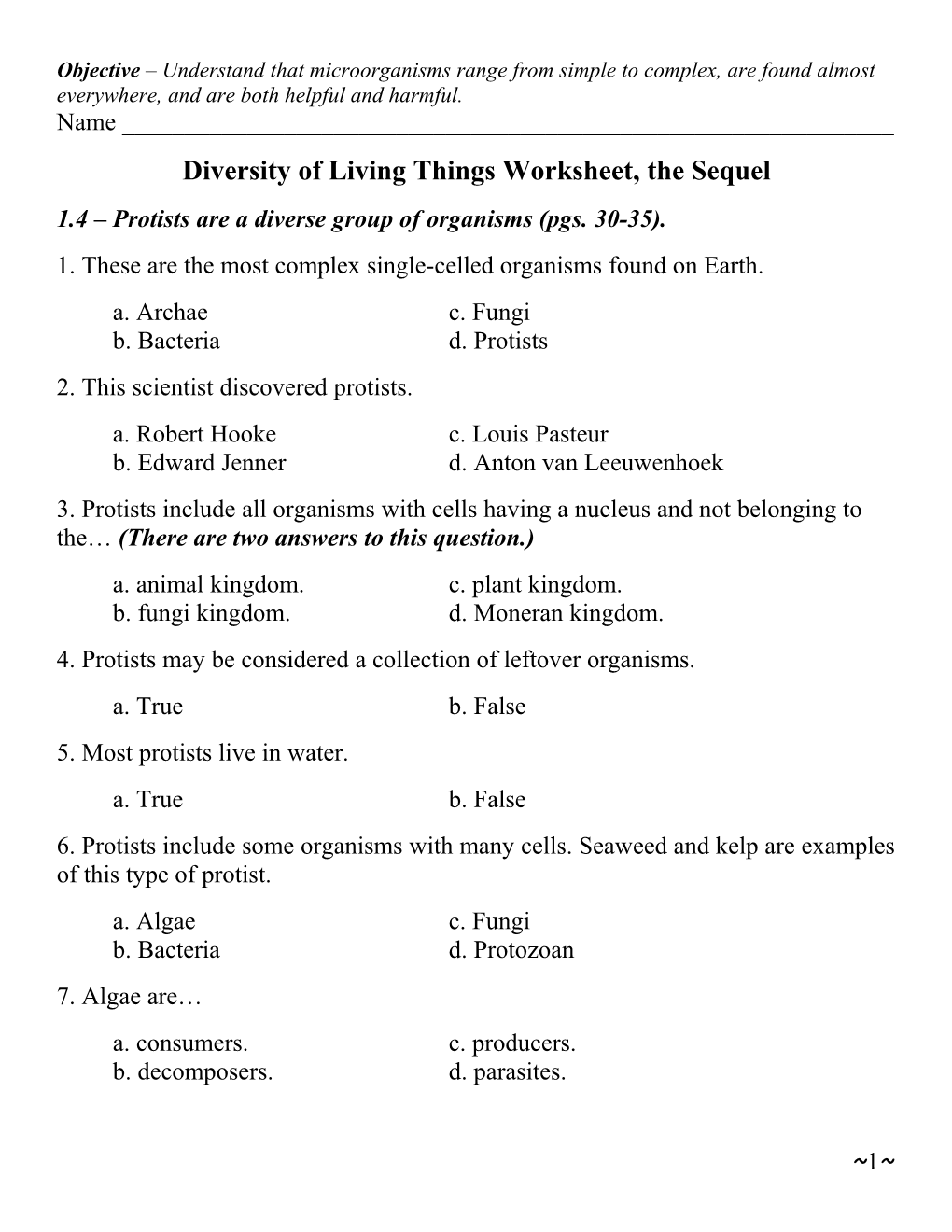 Diversity of Living Things Worksheet, the Sequel