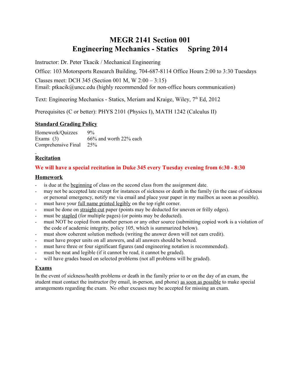 Engineering Mechanics - Statics Spring 2014