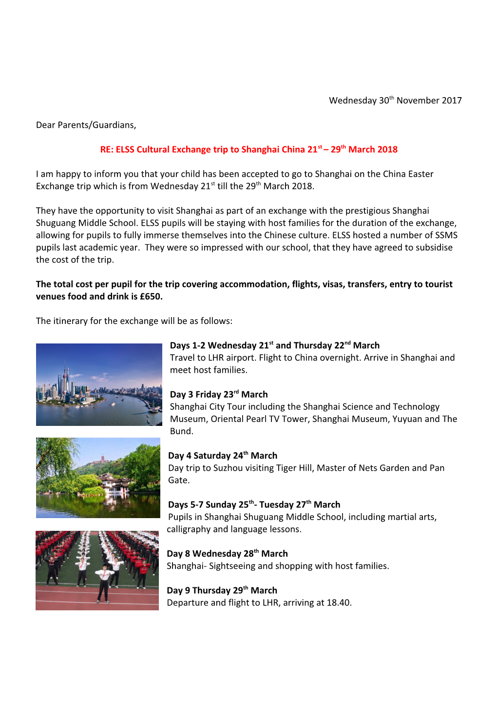 RE: ELSS Cultural Exchange Trip to Shanghai China 21St 29Th March 2018