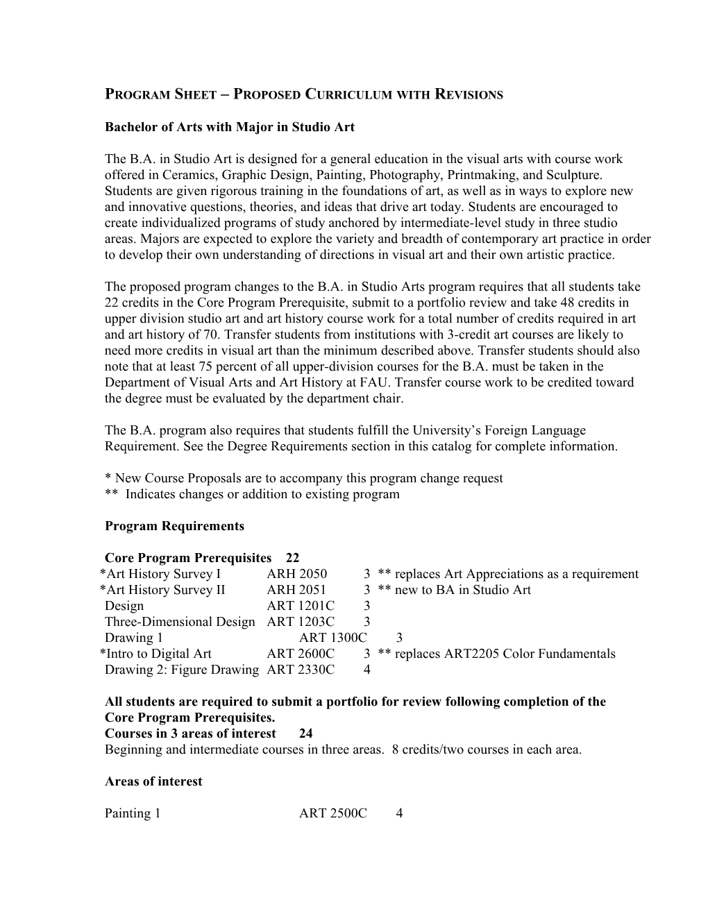 Program Sheet Proposed Curriculum with Revisions