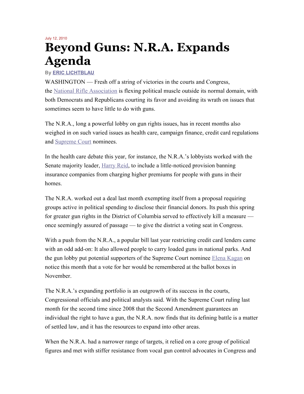 Beyond Guns: N.R.A. Expands Agenda