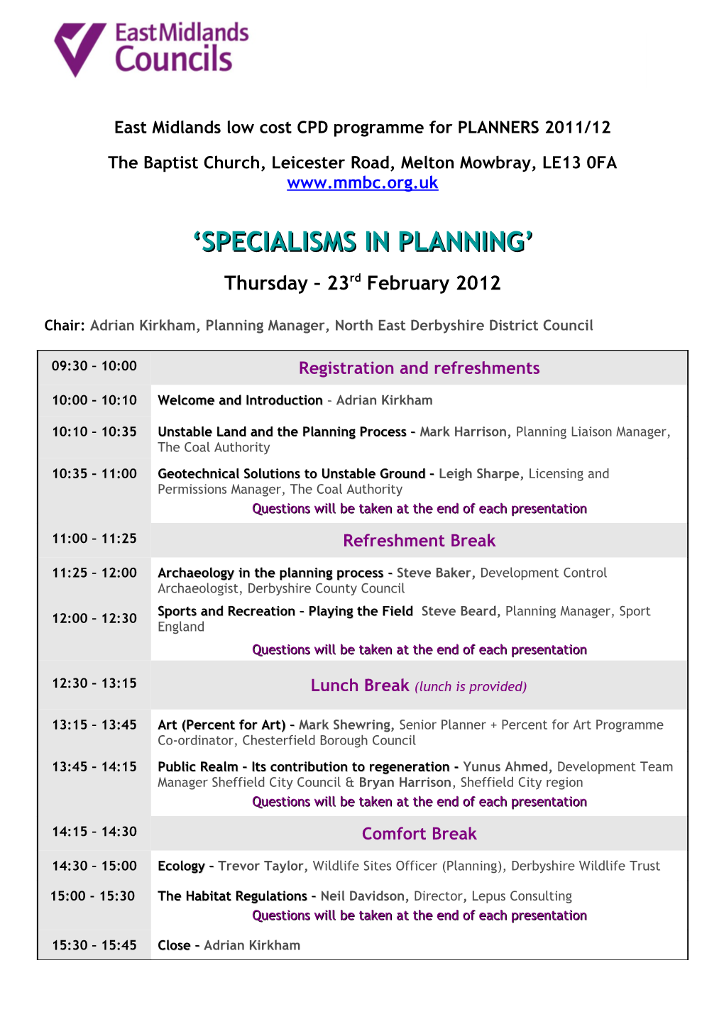 East Midlands Low Cost CPD Programme for PLANNERS 2011/12