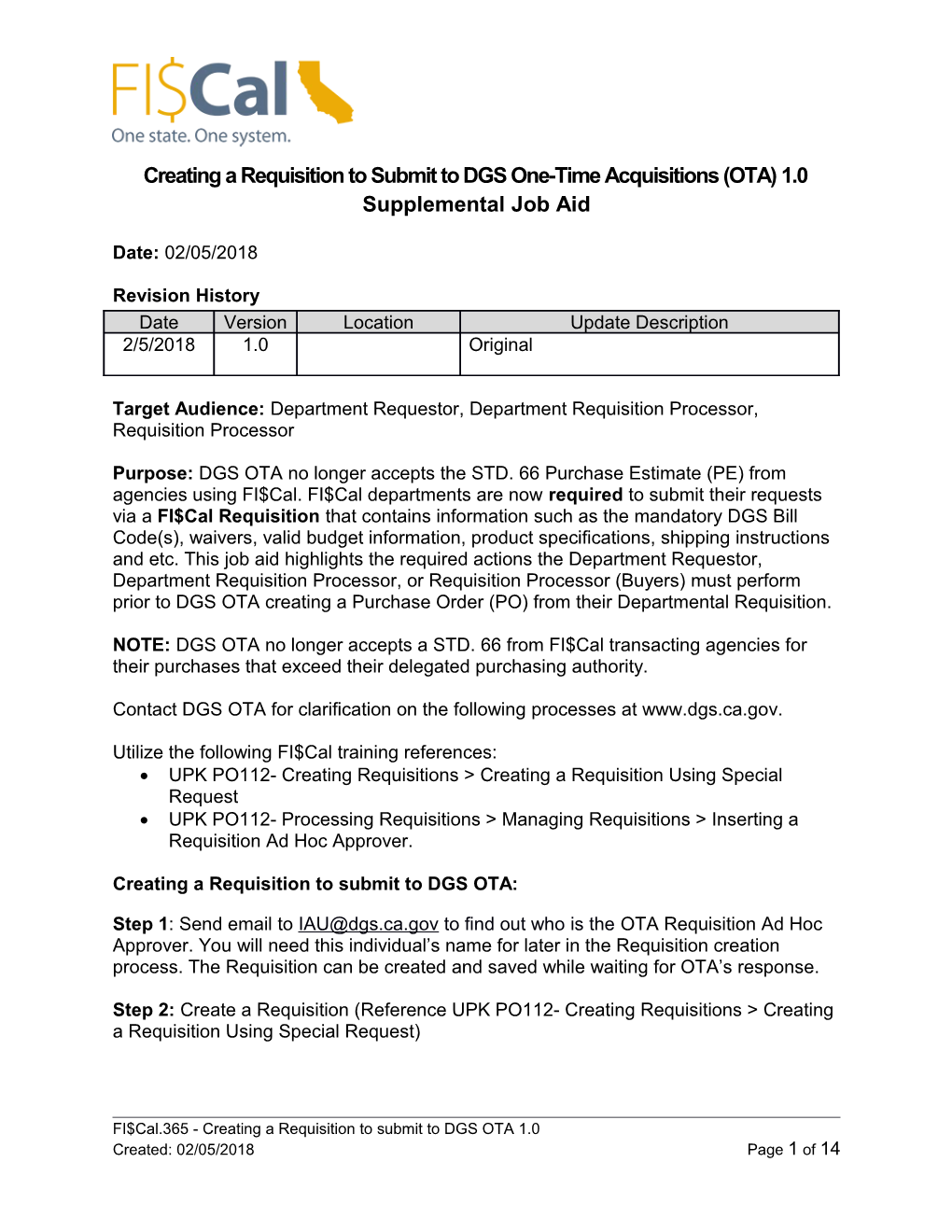 Creating a Requisition to Submit to DGS One-Time Acquisitions (OTA) 1.0