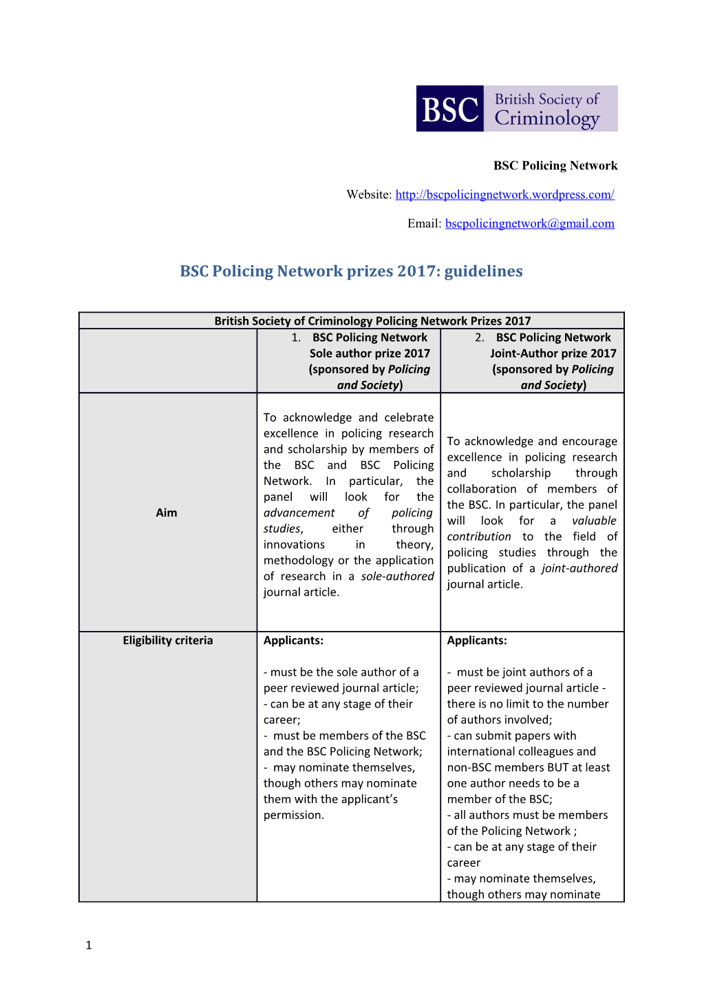 BSC Policing Network Prizes 2017: Guidelines