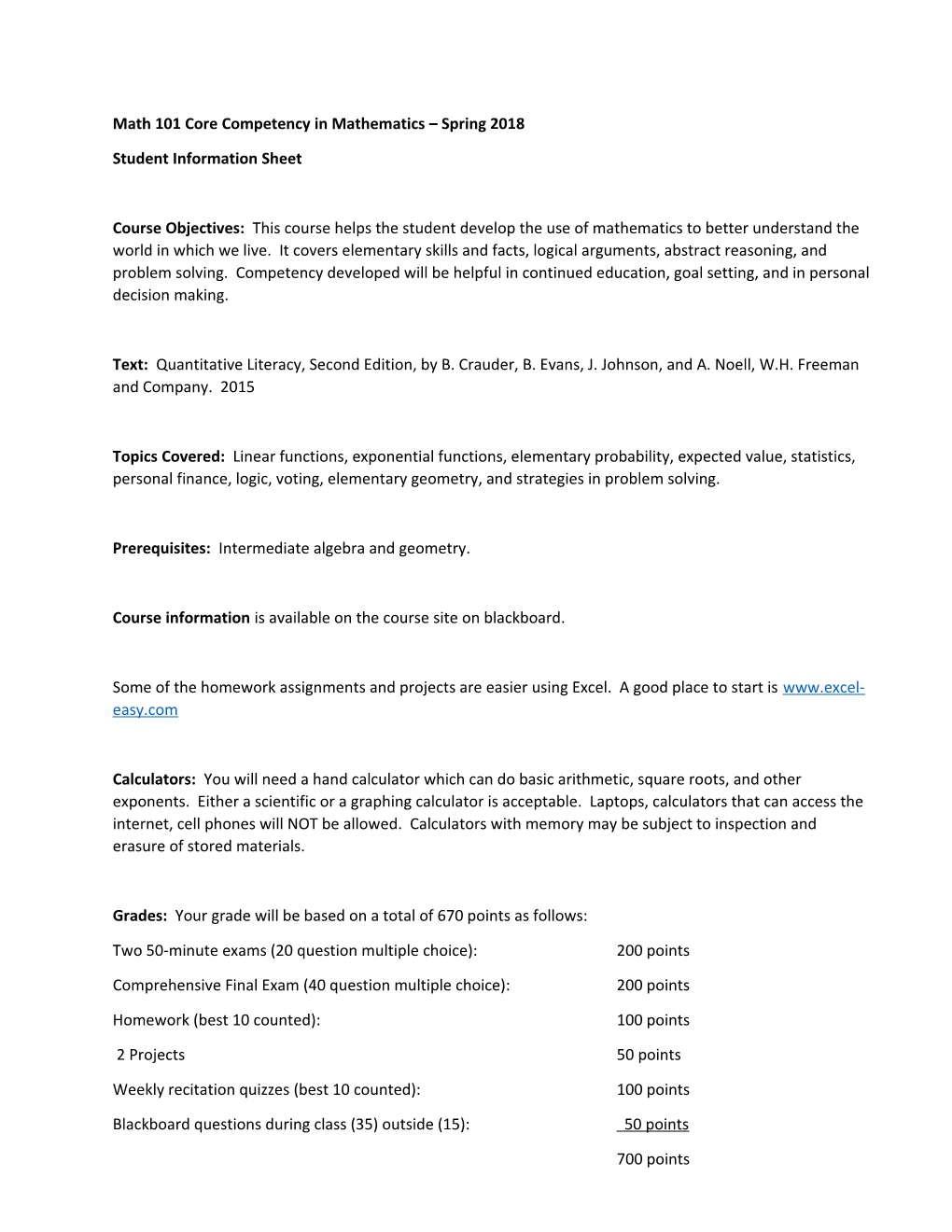 Math 101 Core Competency in Mathematics Spring2018