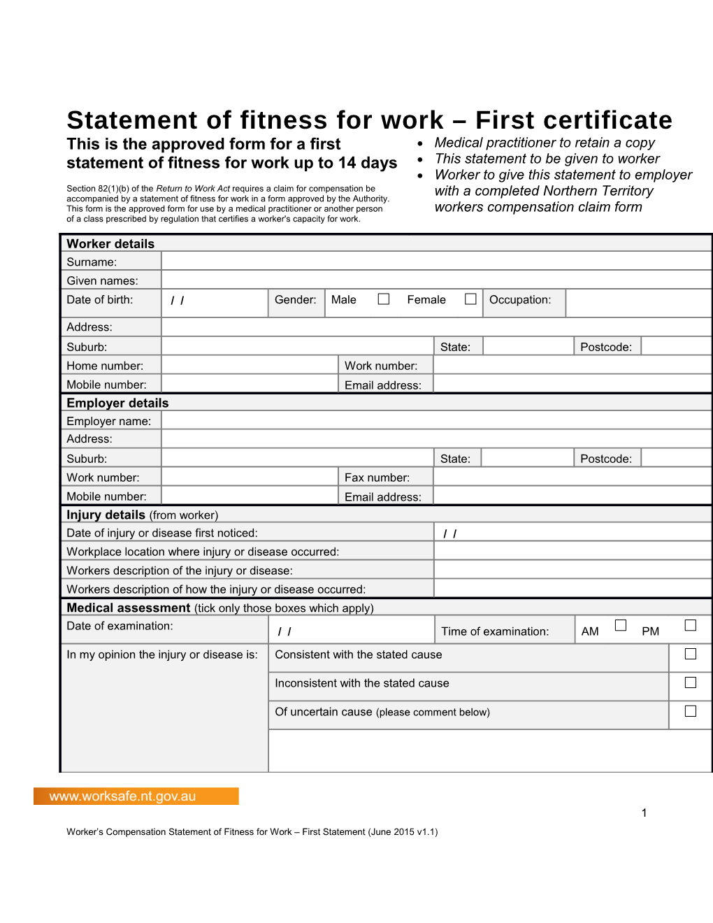 Statement of Fitness for Work - First Certificate