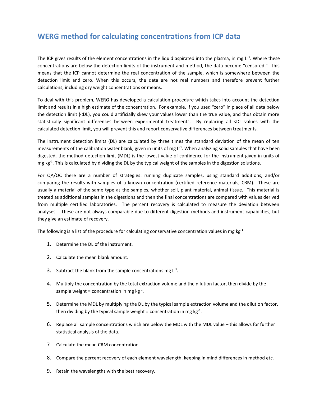 WERG Method for Calculating Concentrations from ICP Data