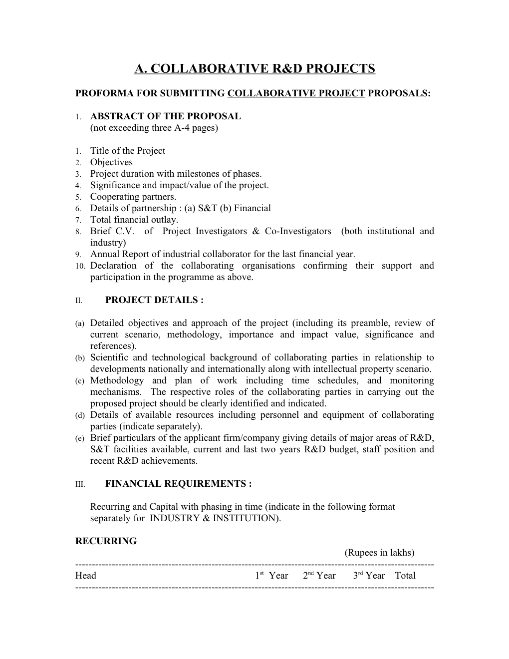 Proforma for Submitting Collaborative Project Proposals