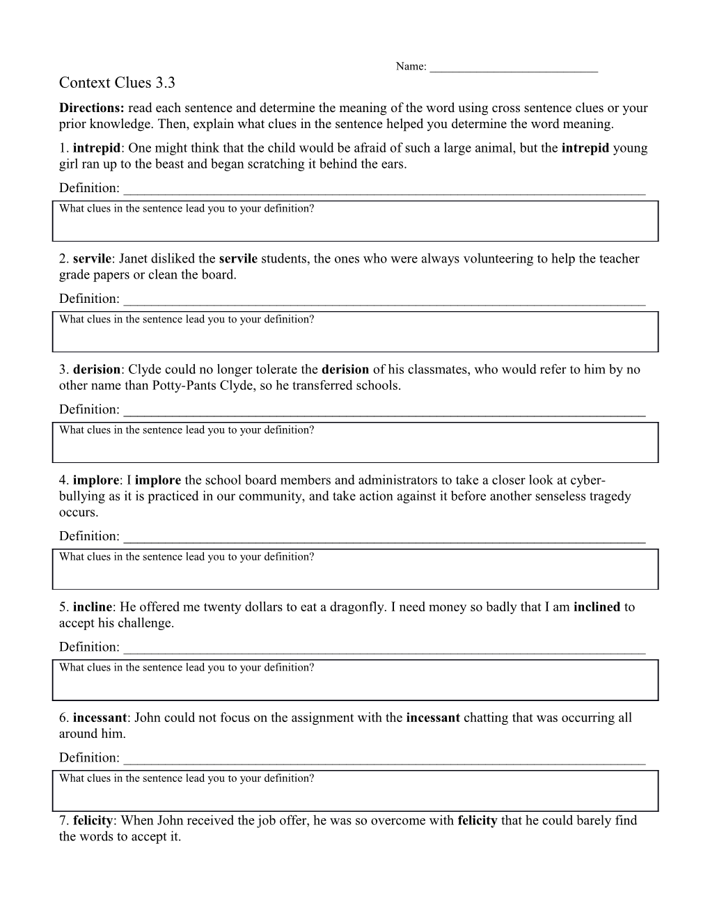 Directions: Read Each Sentence and Determine the Meaning of the Word Using Cross Sentence