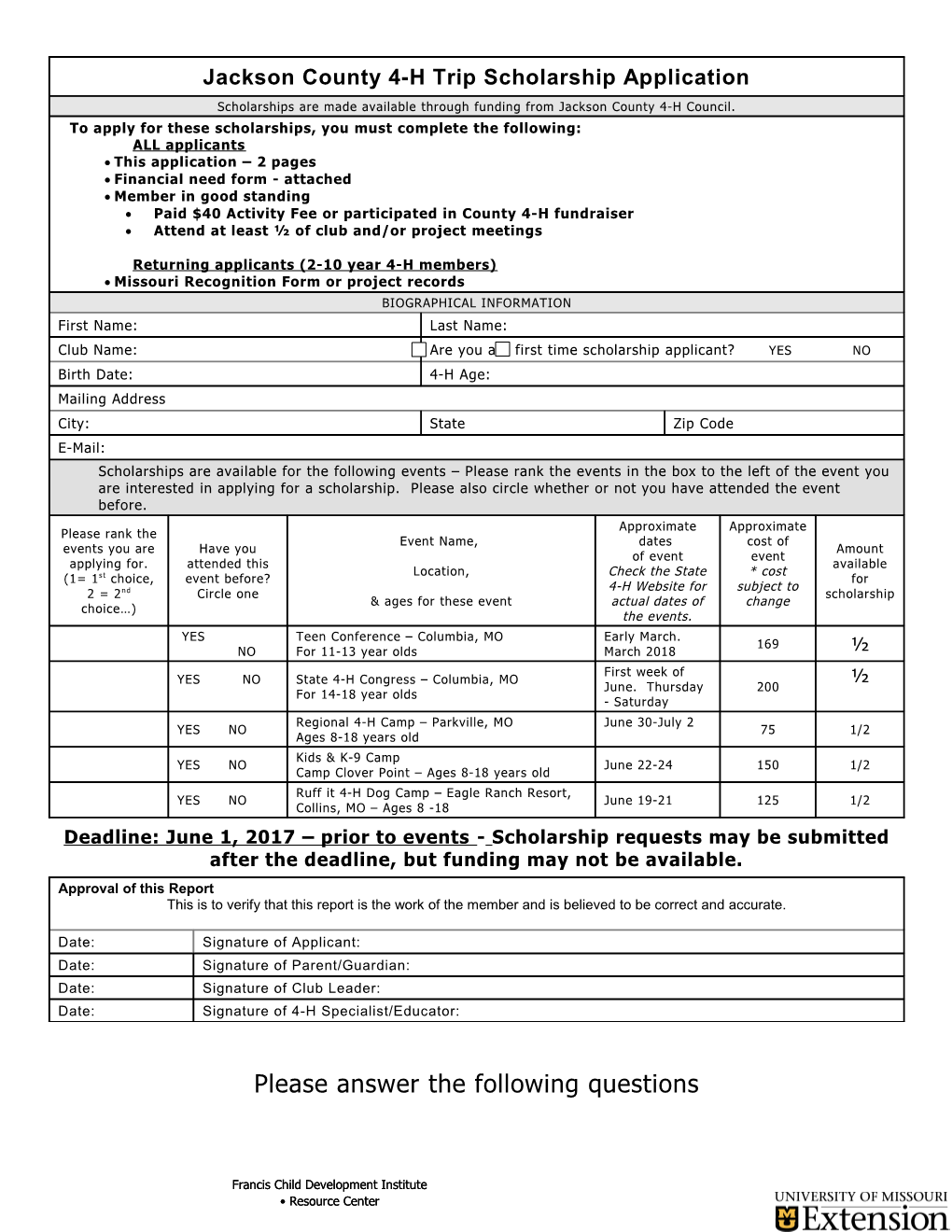 Financial Need Form - Attached