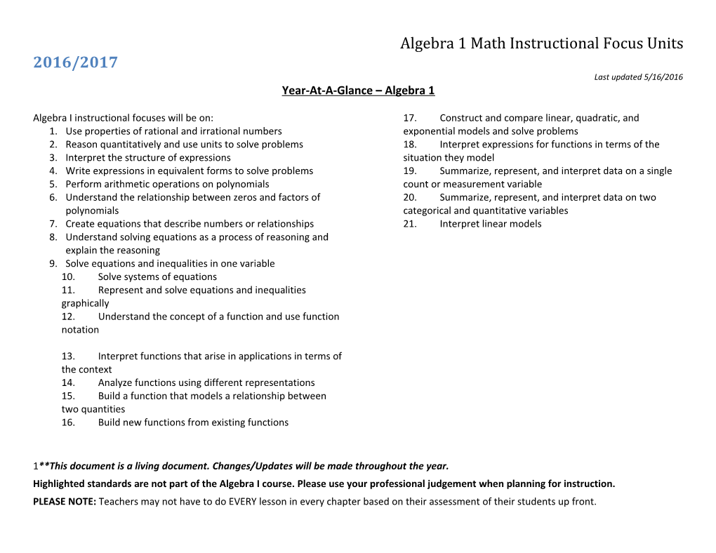 Algebra 1 Math Instructional Focus Units