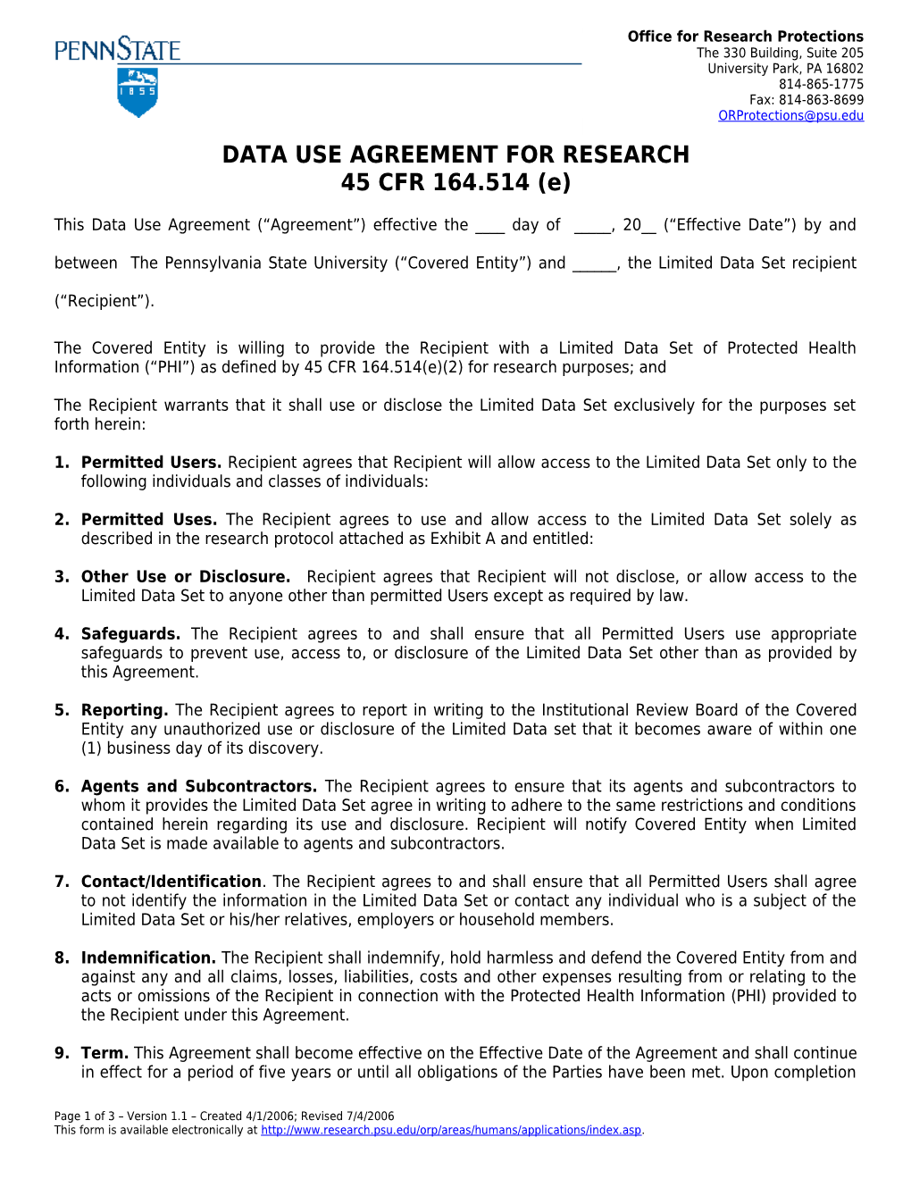 Data Use Agreement for Research