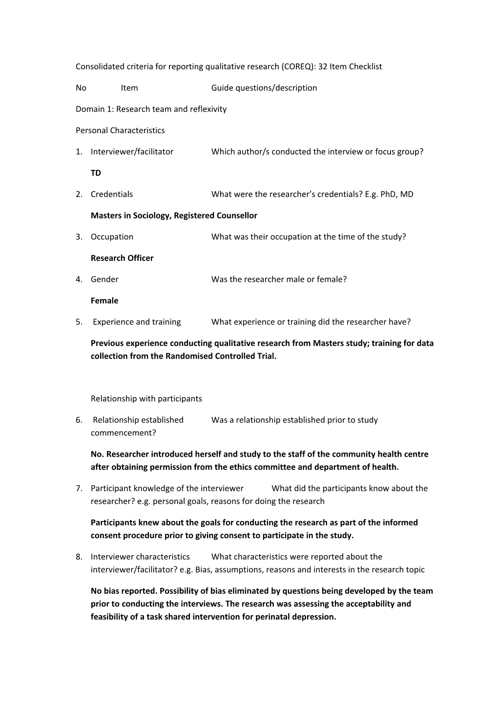 Consolidated Criteria for Reporting Qualitative Research (COREQ): 32 Item Checklist