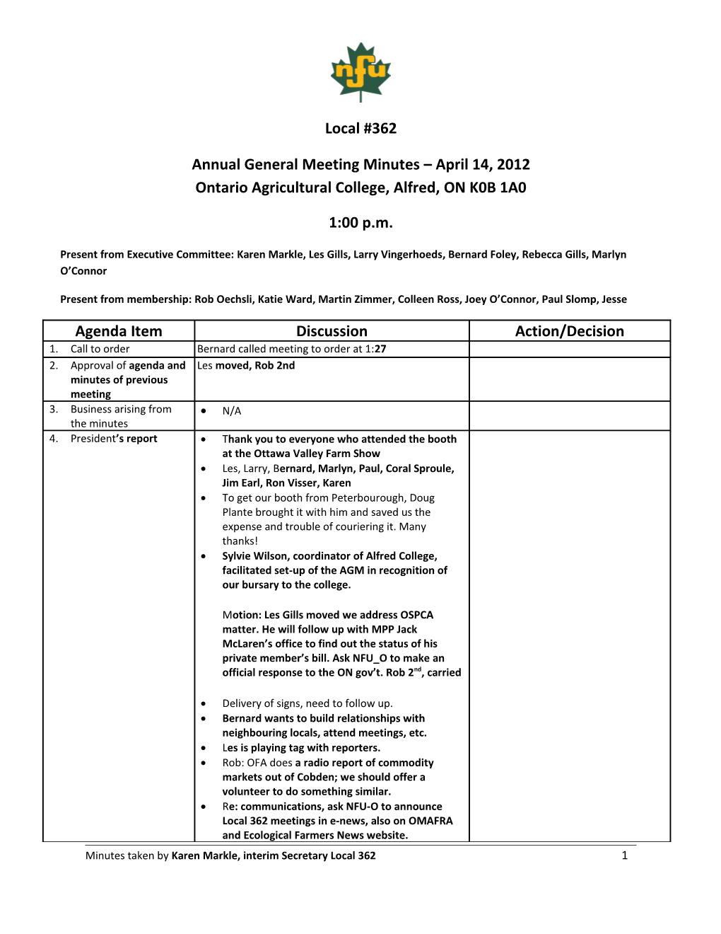 Executive Meeting Minutes September 21, 2011
