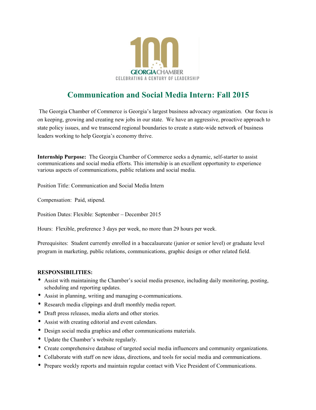 Position Title: Communication and Social Media Intern