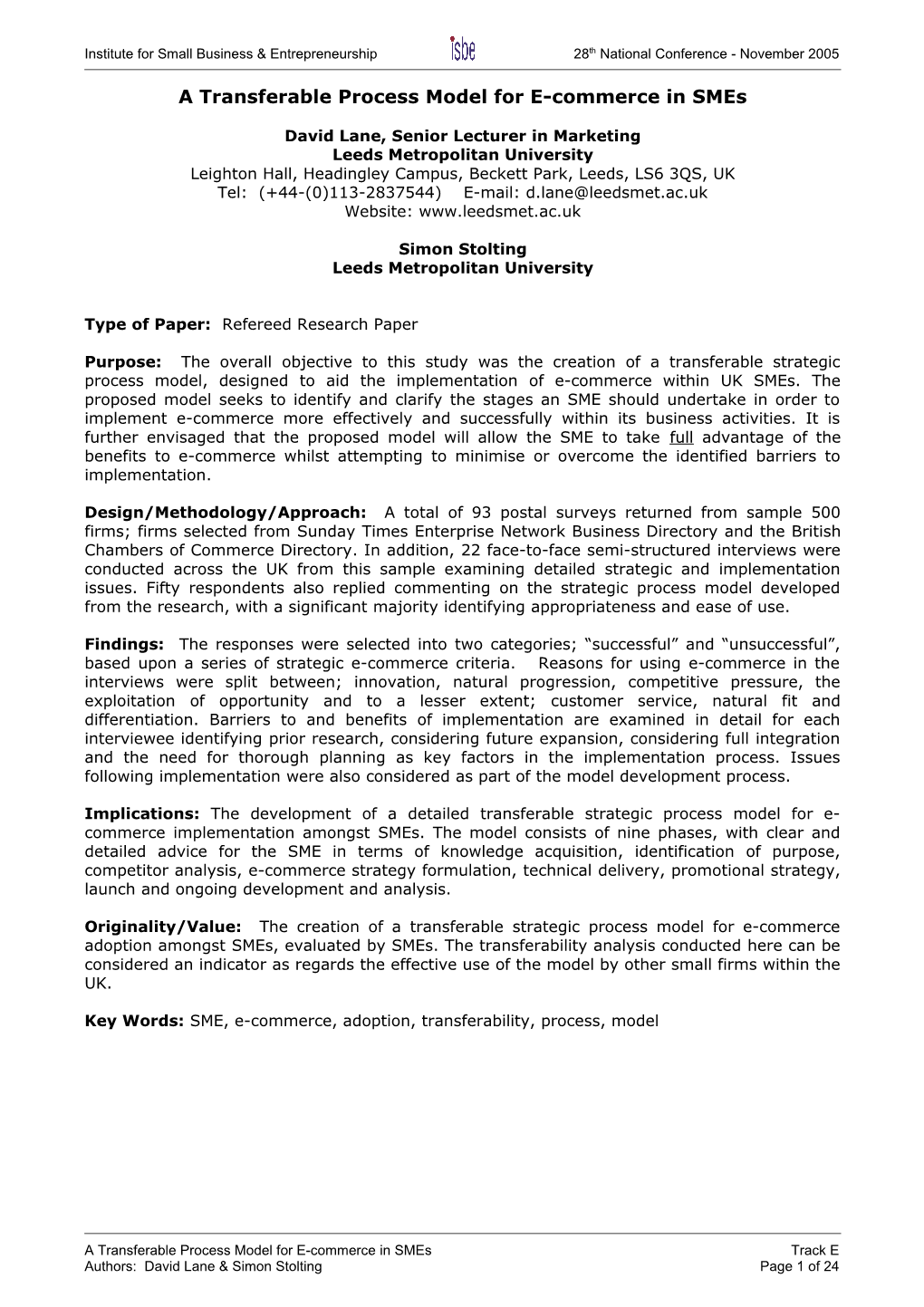 A Transferable Process Model for E-Commerce in Smes