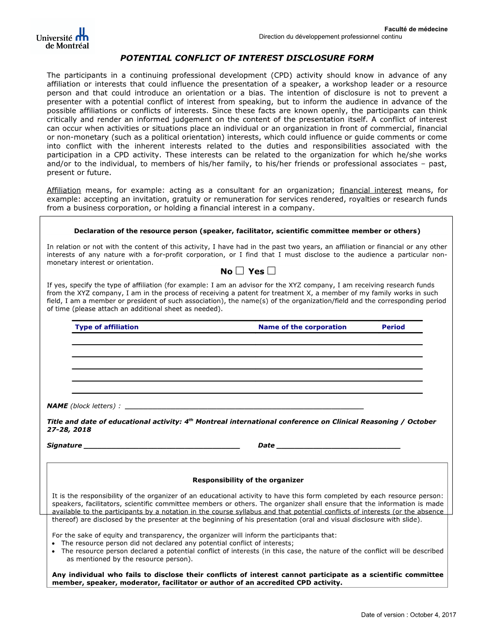 Potential Conflict of Interest Disclosure Form