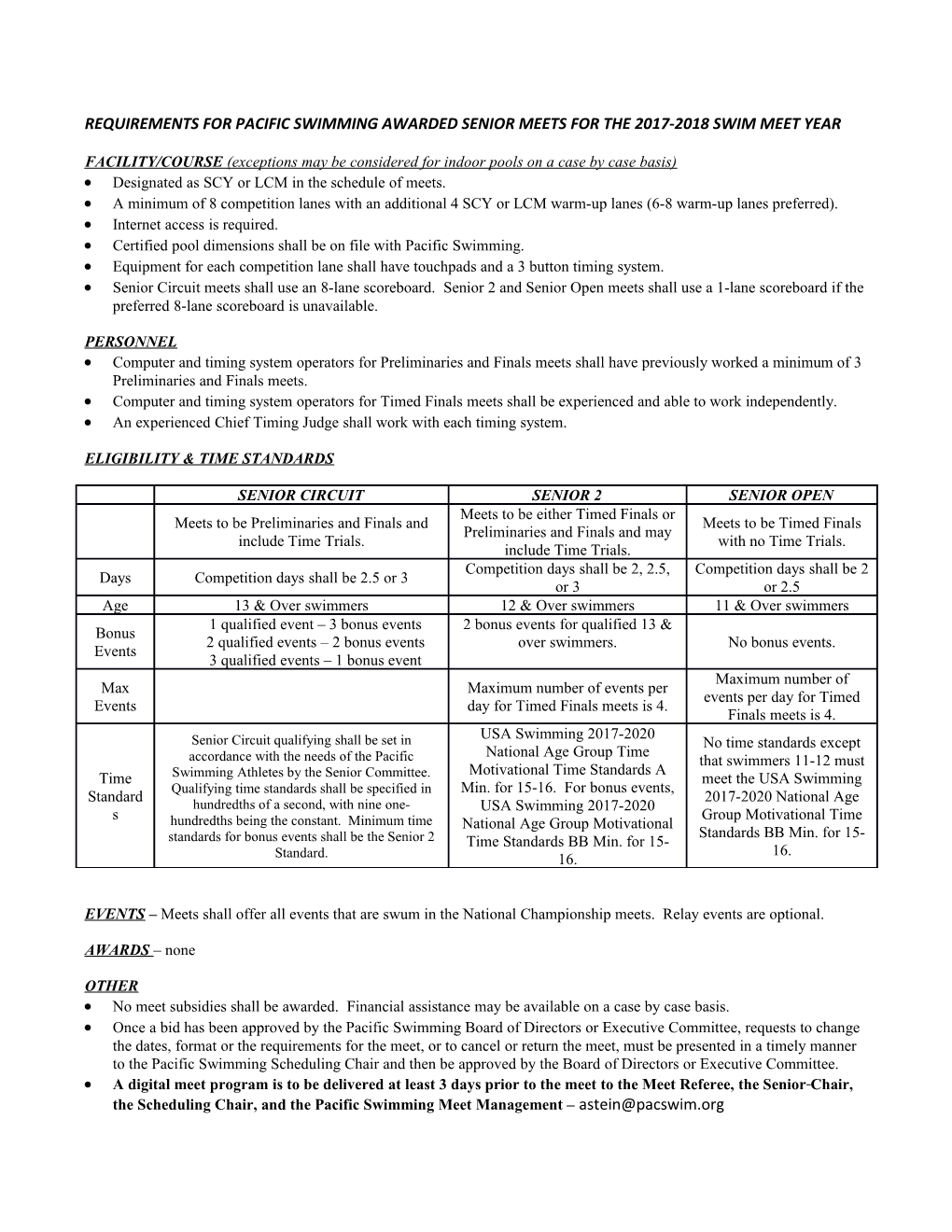 Requirements for Pacific Swimming Awarded Senior Meets for the 2017-2018 Swim Meet Year