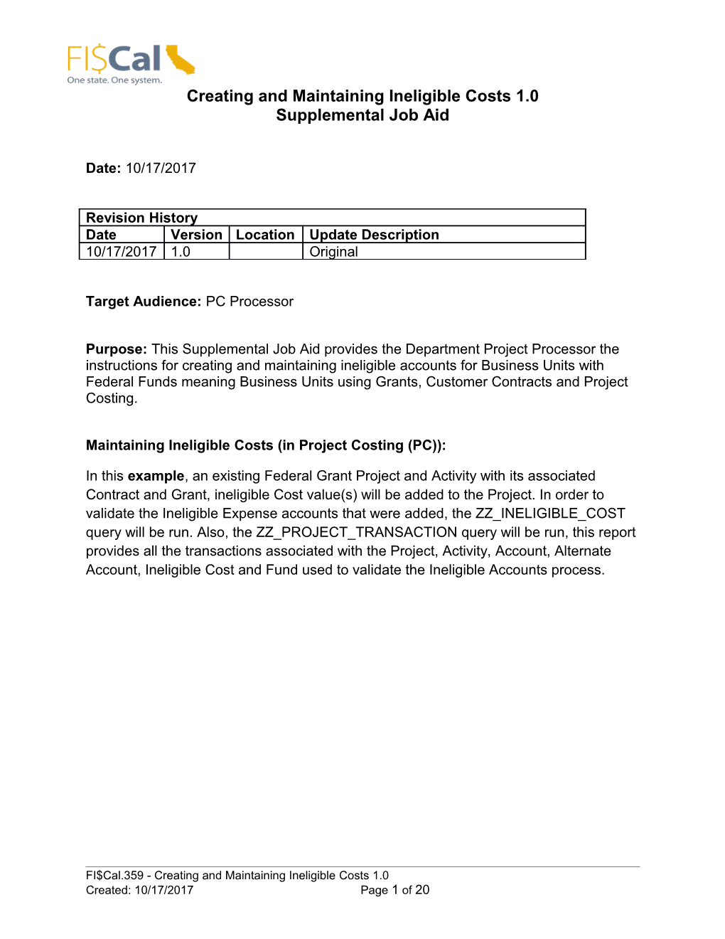 Creating and Maintaining Ineligible Costs1.0