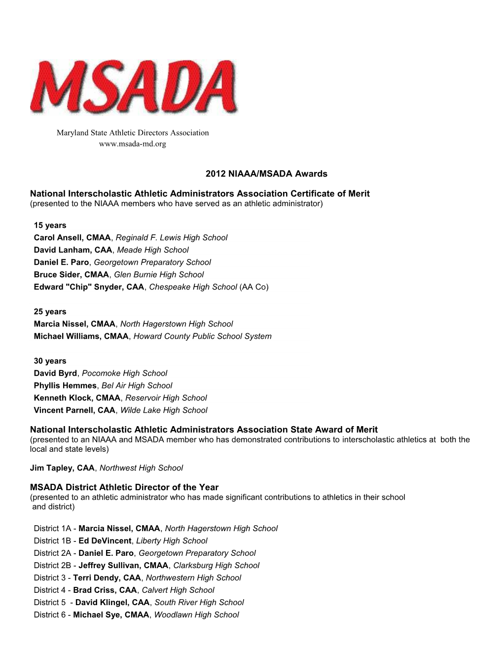 National Interscholastic Athletic Administrators Association Certificate of Merit