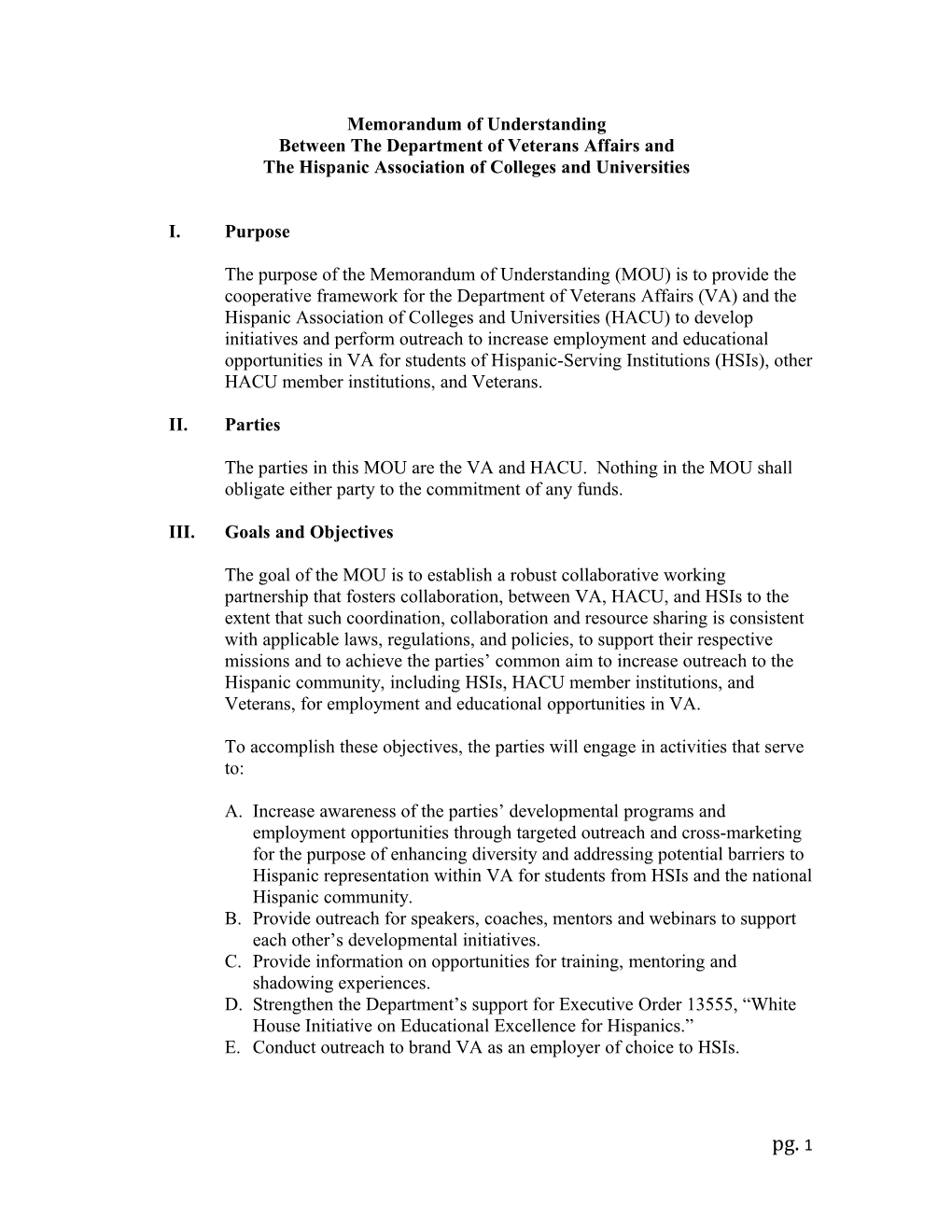 Outline of Memorandum of Understanding