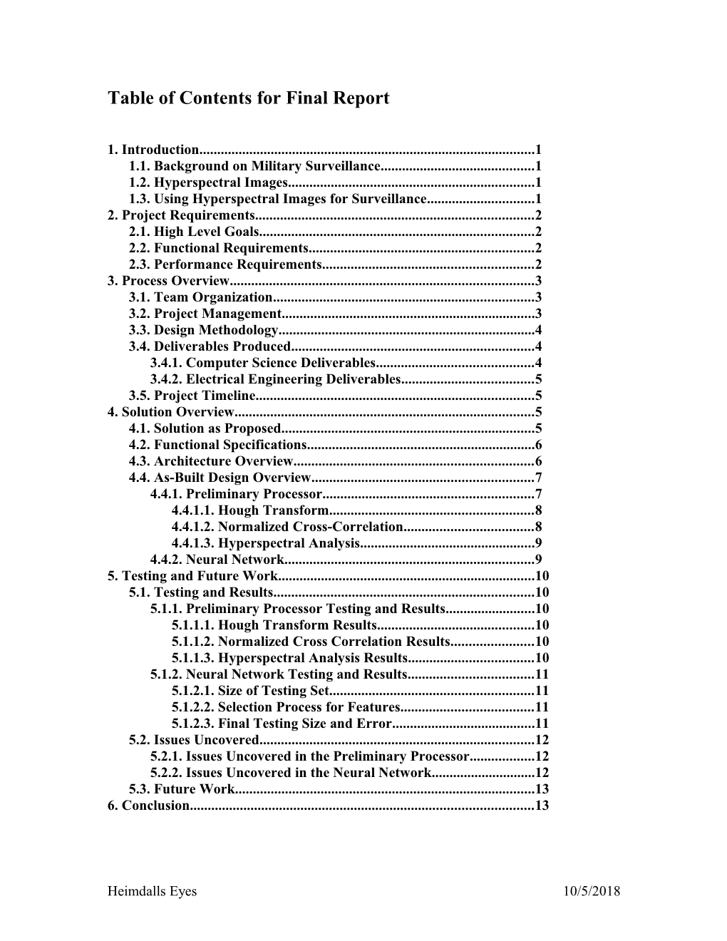 Table of Contents for Final Report
