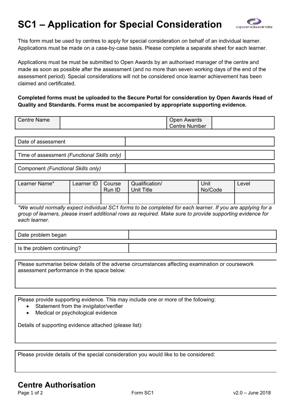 SC1 Application for Special Consideration