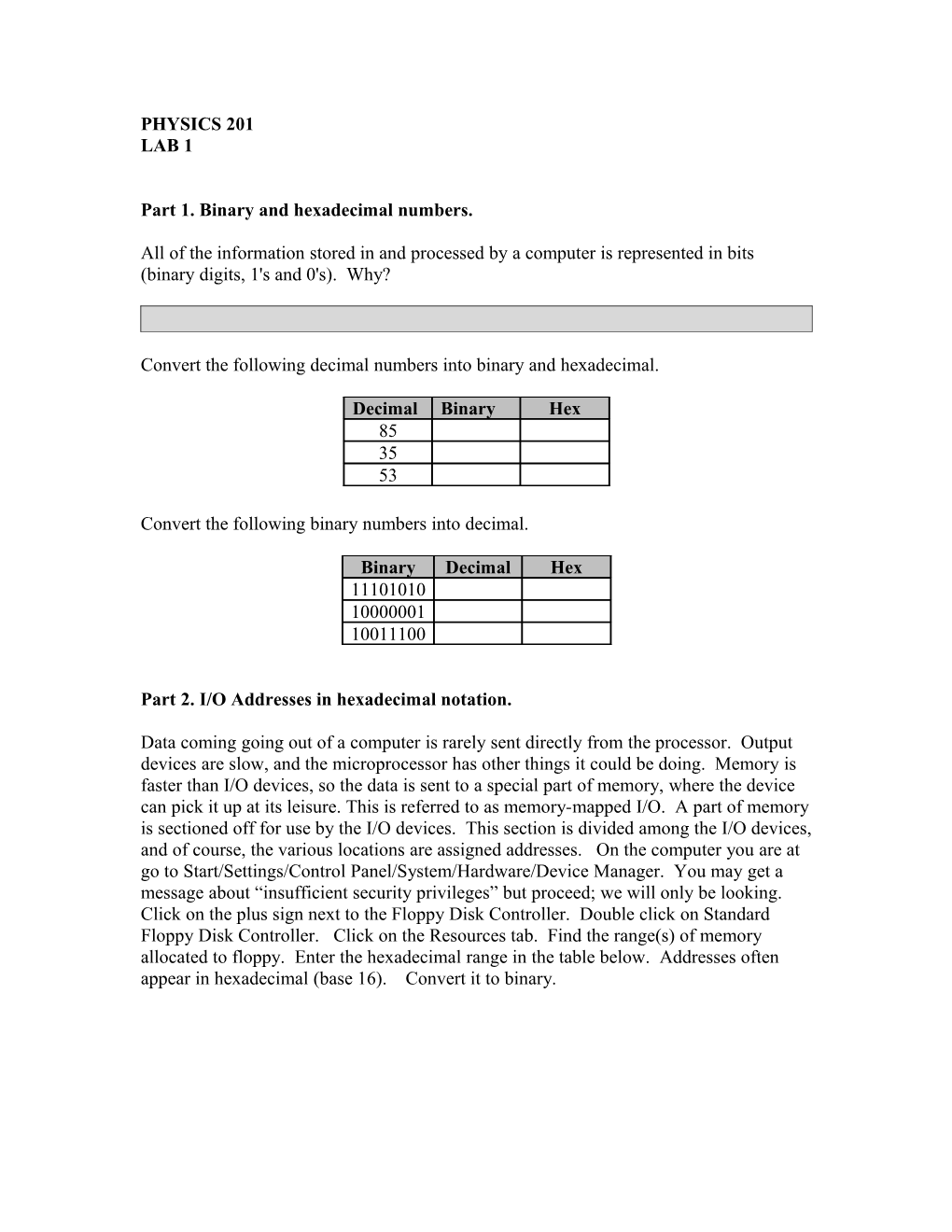 Part 1. Binary and Hexadecimal Numbers