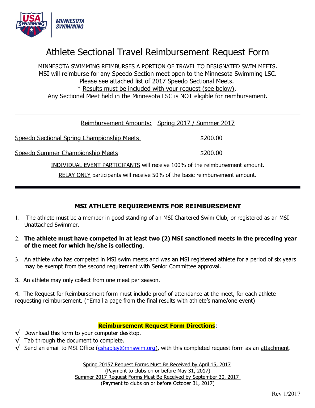 Minnesota Swimming National Travel Reimbursement Request Form