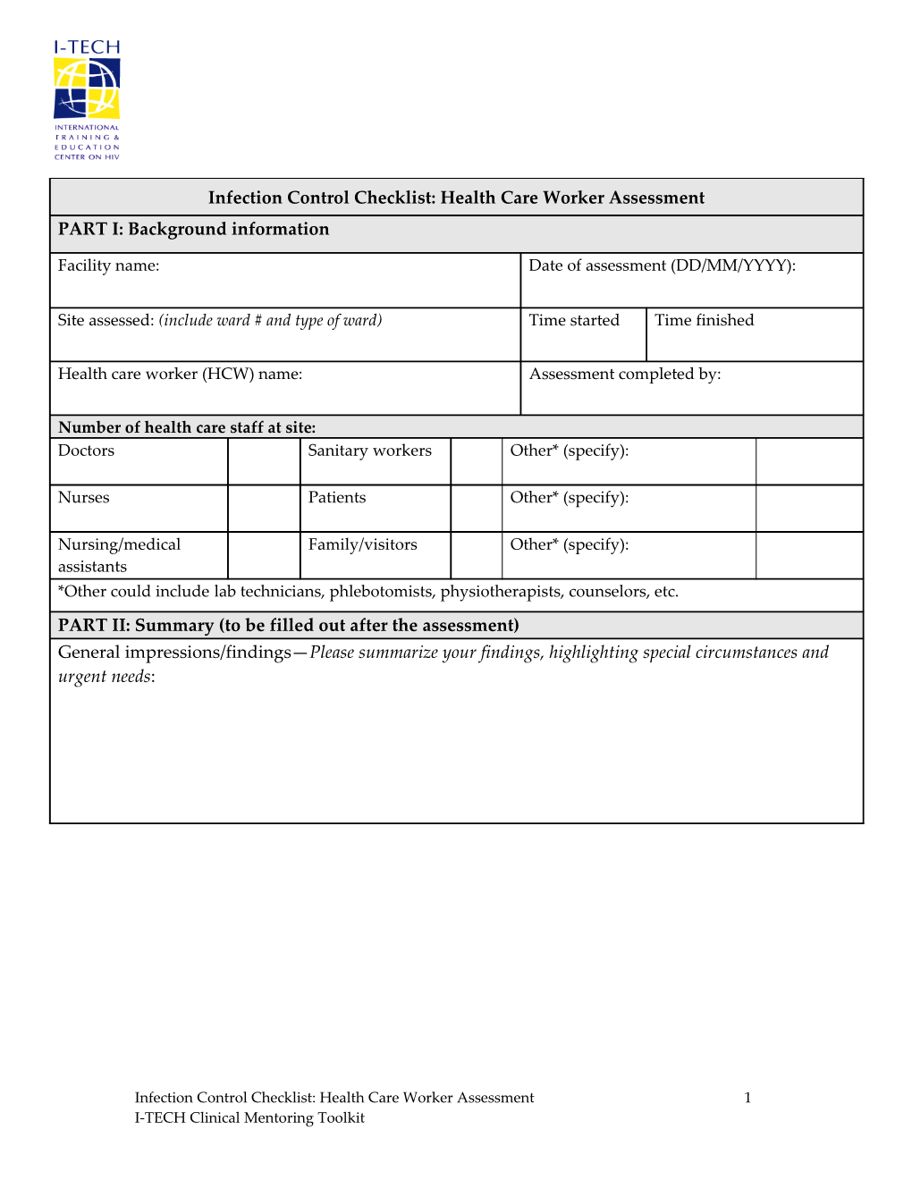 Infection Control Checklist Health Care Worker Assessment