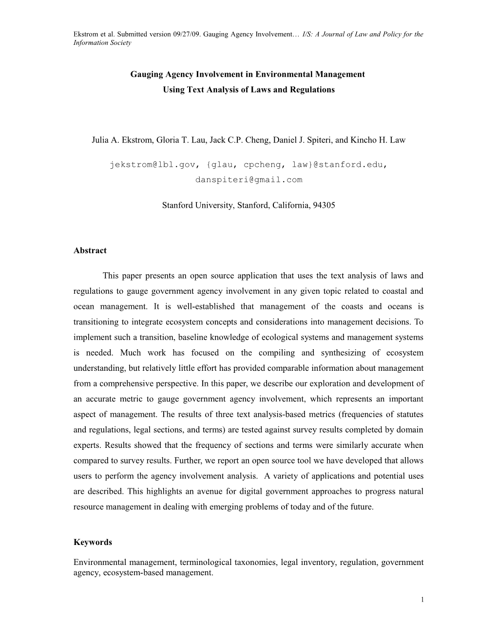 Gauging Agency Involvement in Environmental Management Using Text Analysis of Laws And