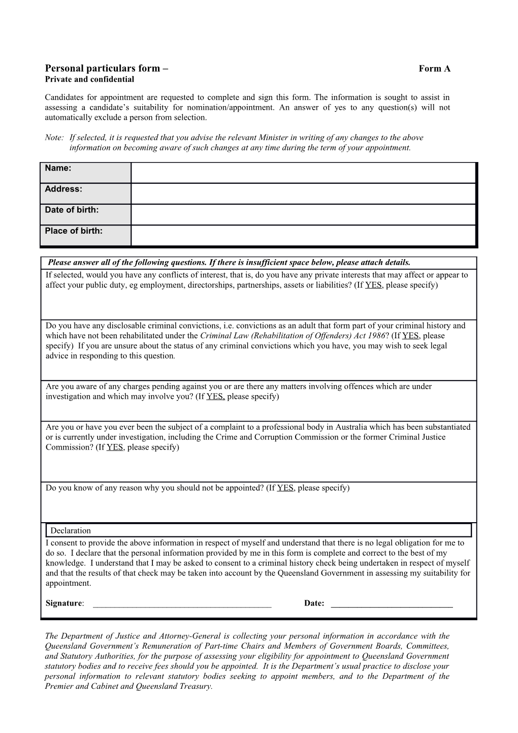 Personal Particulars Form Form A