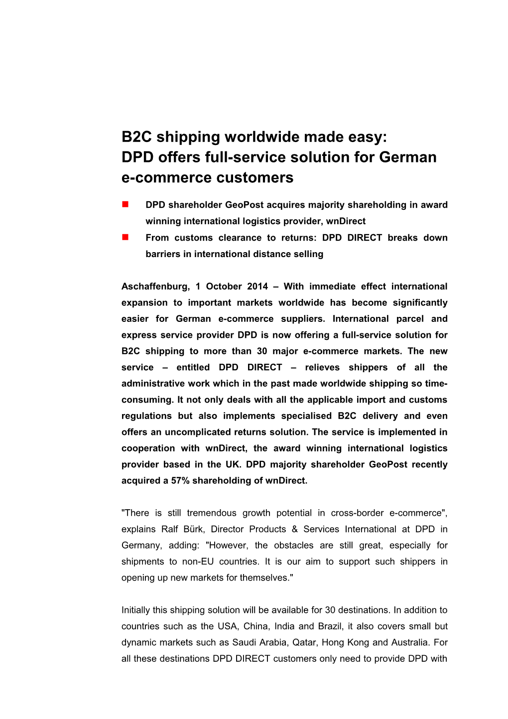 B2C Shipping Worldwide Made Easy: DPD Offers Full-Service Solution for German E-Commerce