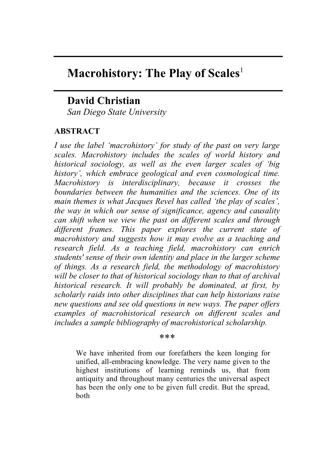 Macrohistory: the Play of Scales1