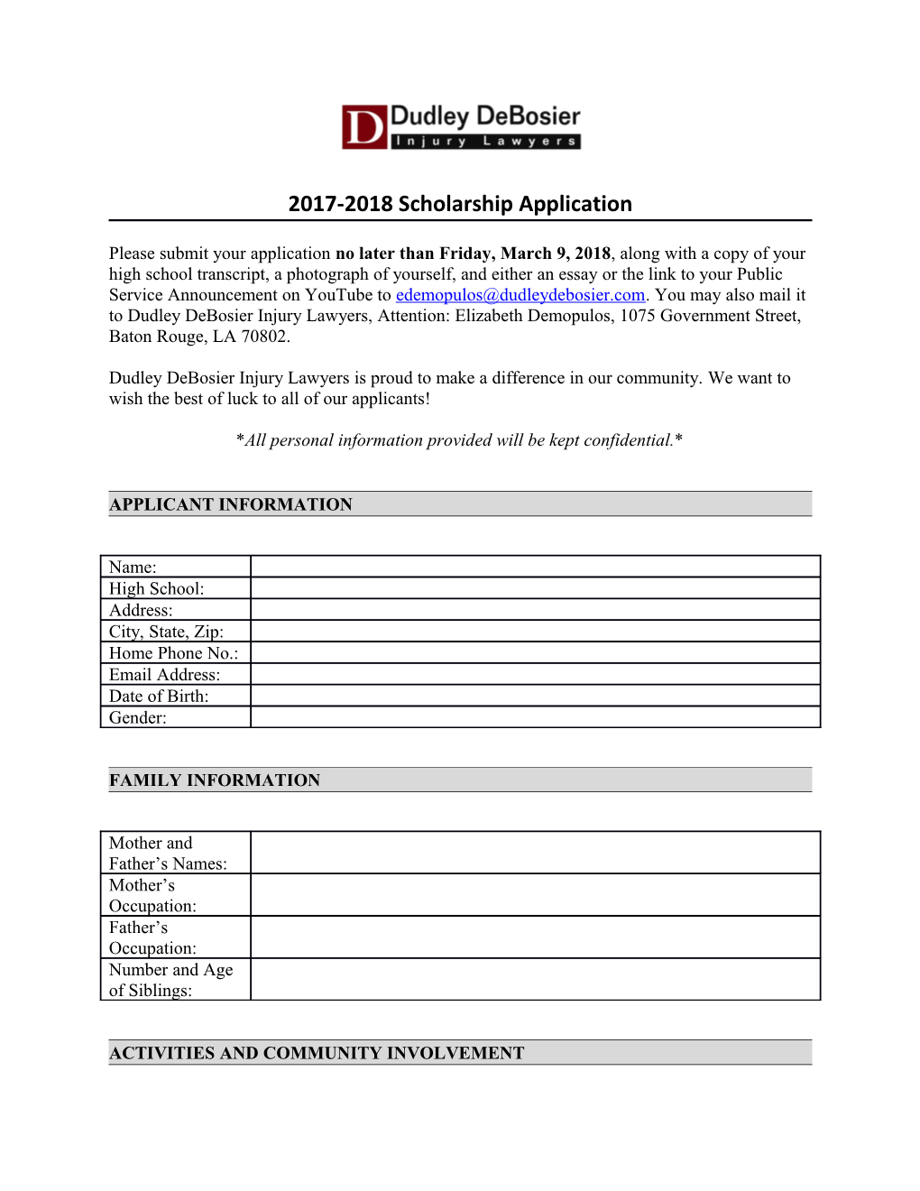 Dudley Debosier Scholarship Application