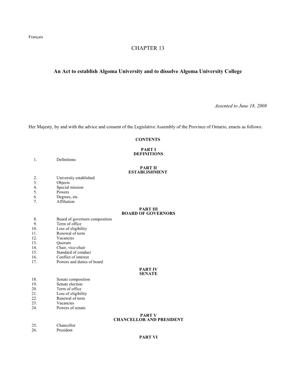 Algoma University Act, 2008, S.O. 2008, C. 13 - Bill 80