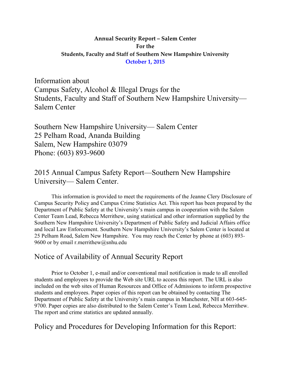 Annual Security Report Salem Center
