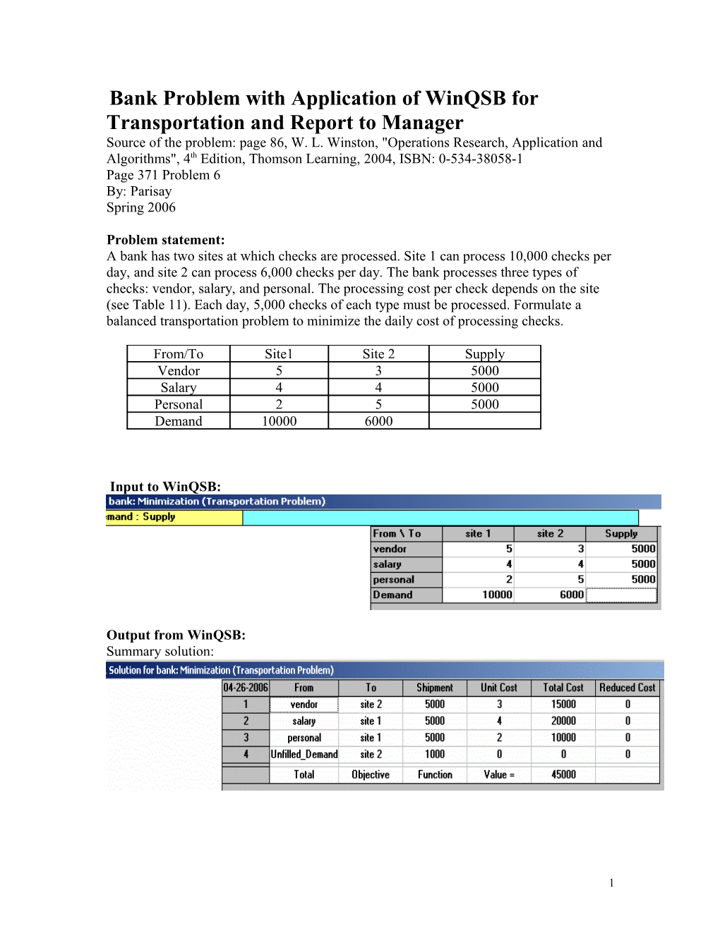 Bank Problem with Application of Winqsb for Transportationand Report to Manager