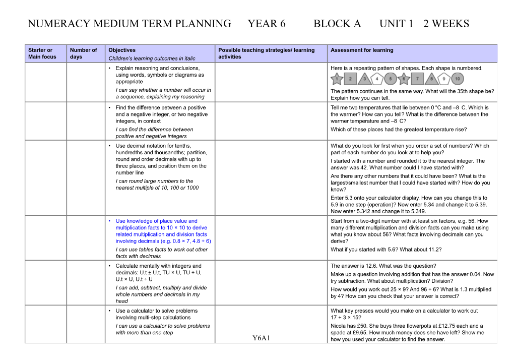 Numeracy Medium Term Planning