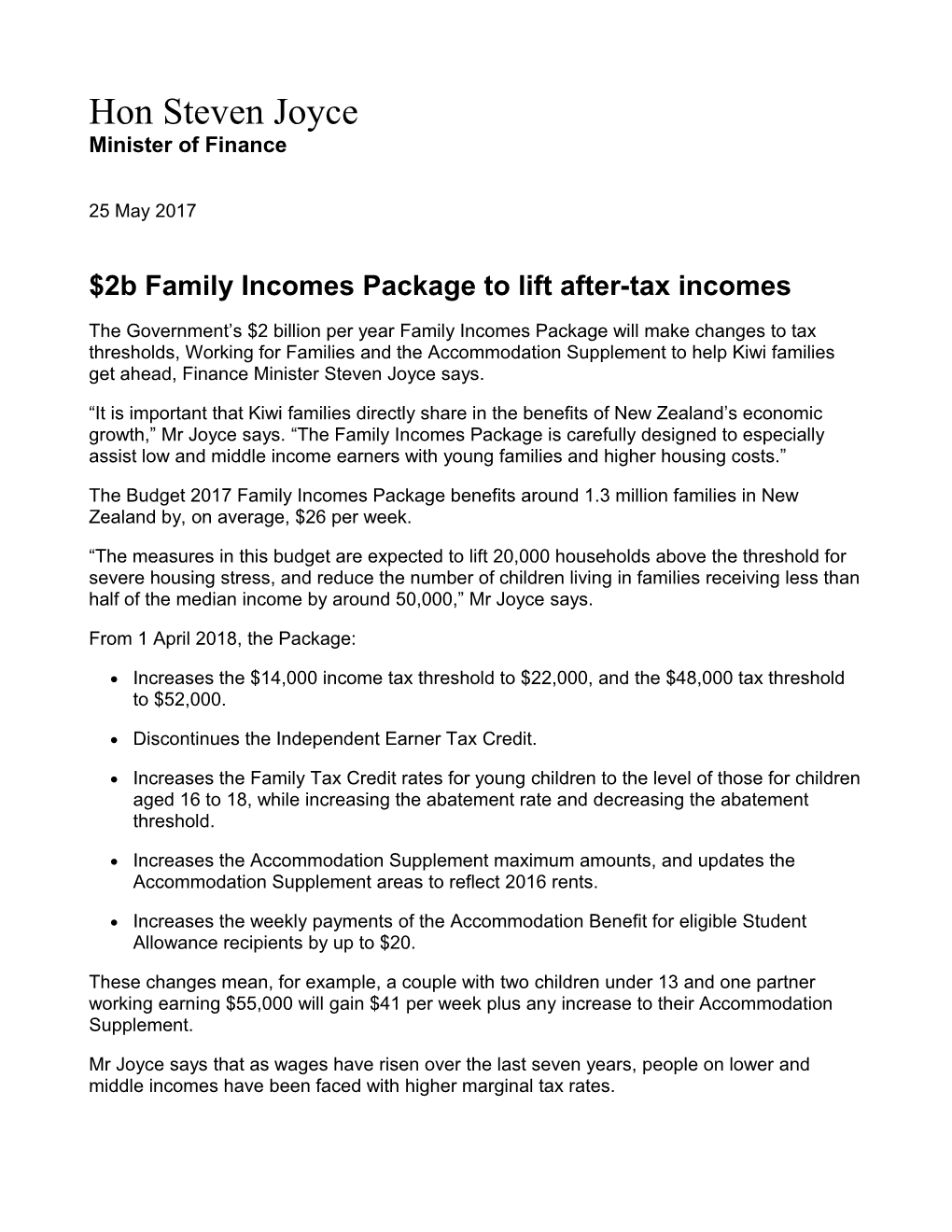 Budget 2017 - $2B Family Incomes Package to Lift After-Tax Incomes (25 May 2017)