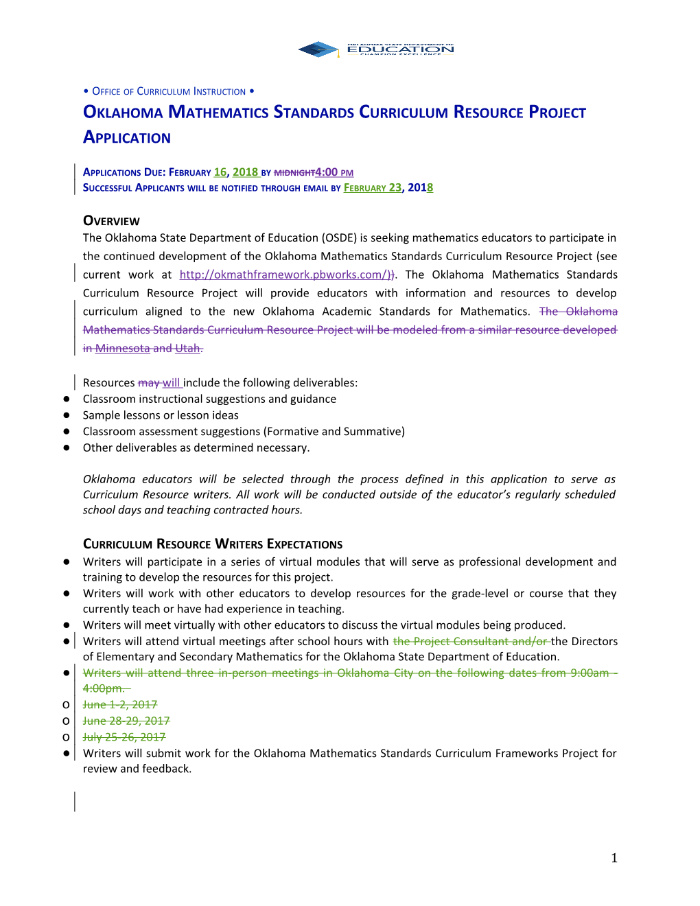 Oklahoma Mathematics Standards Curriculum Resource Projectapplication