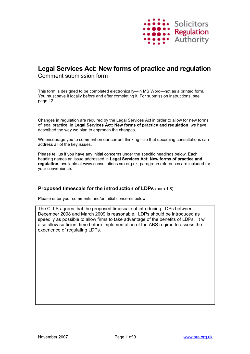 Comment Submission Form: Legal Services Act - New Forms of Practice and Regulation