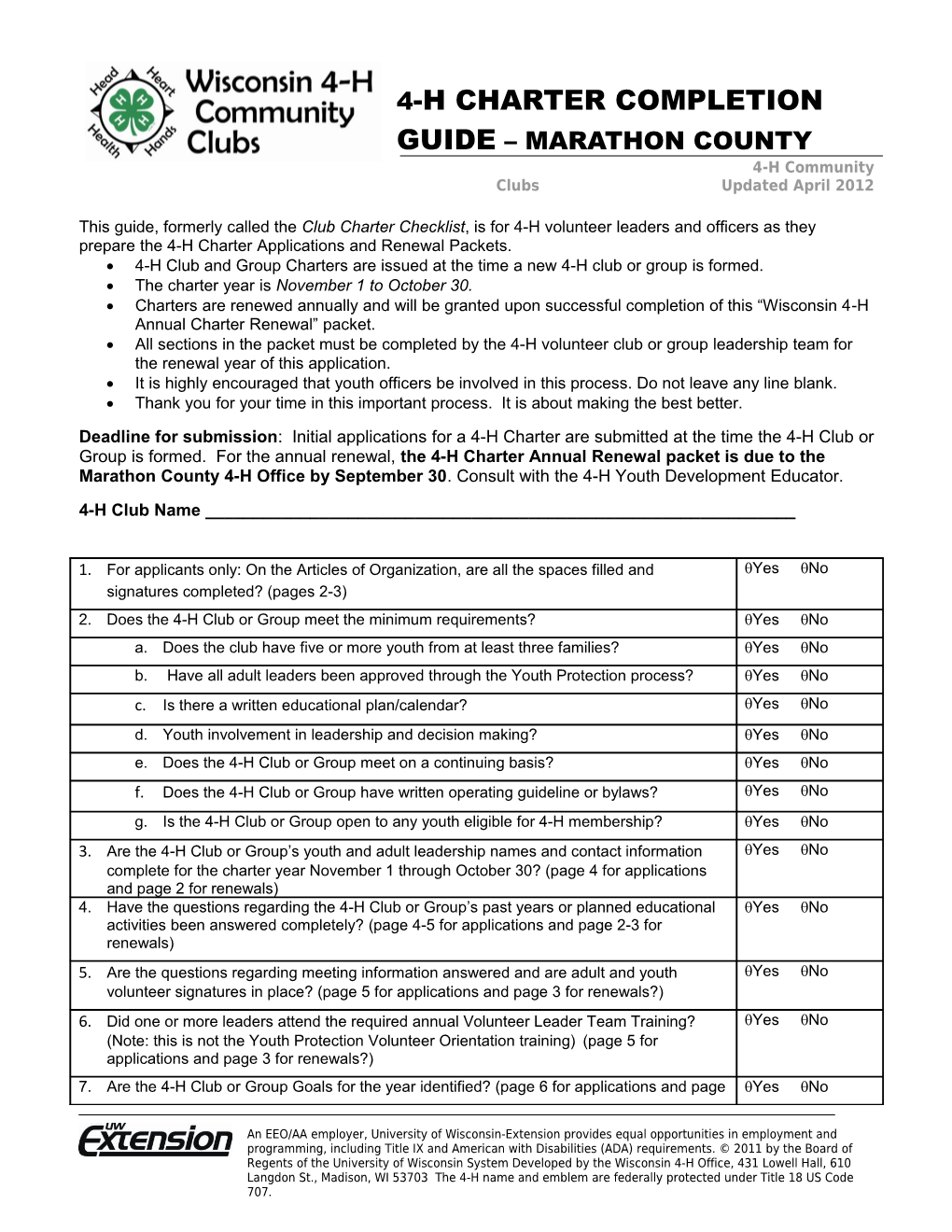 4-H Charter Completion Guide Marathon County